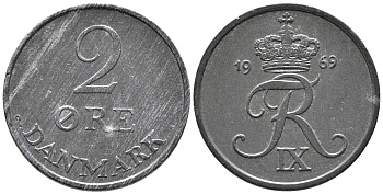 ДАНИЯ 2 ЭРЕ 1969 C; S, ФРЕДЕРИК IX (1947-1972) KM 840.2 цинк 24-1125