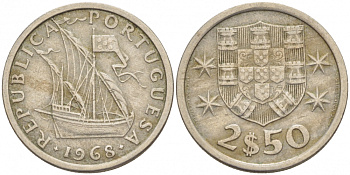 ПОРТУГАЛИЯ 2,5 ЭСКУДО 1968 ПАРУСНИК KM 590 медно-никель 3851-1058