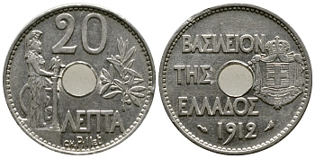 Греция 20 лепта 1912 король Георг I (1863-1913), Афина KM 64 никель 51-1044