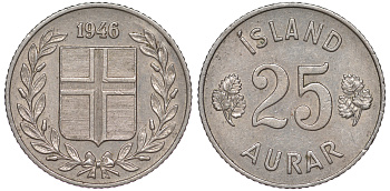 Исландия 25 эйре 1946 KM 11 медно-никель 4596-1261