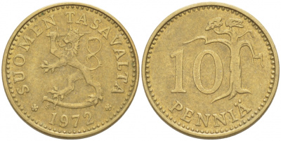 ФИНЛЯНДИЯ 10 ПЕННИ 1972 S КМ 46 алюминиевая бронза 3309-269
