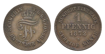 Мекленбург-Шверин 1 пфенниг 1872 B, Фридрих Франц II (1842-1883) KM 315 (С102), AKS 50, J.60 медь 4649-514