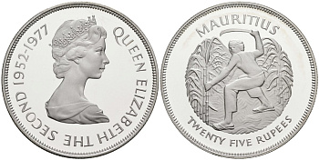 Маврикий 25 рупий 1977 25 лет правления (серебрянный юбилей) королевы Елизаветы II (1952-1977), тираж 47000 экз. KM 43а серебро PROOF 1078-5-11