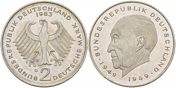 ФРГ 2 марки 1983 G, Конрад Аденауэр KM 124, J. 406 медно-никель плакированный никелем 3718-1017