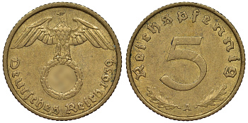 Германия 5 рейхспфеннигов 1939 A KM 91, J. 363 алюминиевая бронза 4121-715