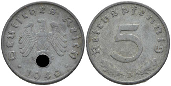 ГЕРМАНИЯ 5 РЕЙХСПФЕННИГОВ 1940 D KM 100, J. 370 цинк 105-242