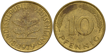 ФРГ 10 пфеннигов 1979 G J. 383, KM 108 сталь плакированная латунью    4603-447