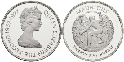 Маврикий 25 рупий 1977 25 лет правления (серебрянный юбилей) королевы Елизаветы II (1952-1977), тираж 47000 экз. KM 43а серебро PROOF 1078-5-11