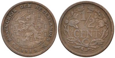 Нидерланды 1/2 цента 1912 Вильгельмина (1890-1948) KM 138 бронза 4576-345