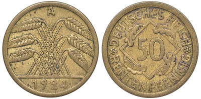 Германия 50 рентенпфеннигов 1924 A J. 310, KM 34 алюминиевая бронза 4118-231