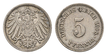 Германия 5 пфеннигов 1908 A KM 11, J. 12 медно-никель 4696-644