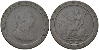 Великобритания 1 пенни 1797 Георг III (1760-1820) KM 618, Spink 3777 медь 4537-121
