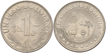 Боливия 1 песо 1969 KM 192 сталь плакированная никелем 00-00