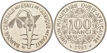 Валютное сообщество стран Западной Африки 100 франков 1981  KM 4 никель 4595-811
