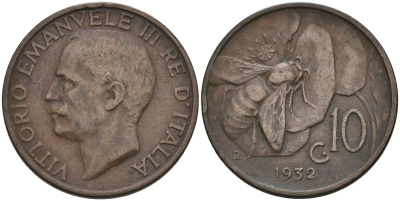 Италия 10 чентезимо 1932 R, пчела, Виктор Эммануил (1900-1946) KM 60 медь 4116-1252