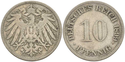 ГЕРМАНИЯ 10 ПФЕННИГОВ 1899 G KM 12, J. 13 медно-никель 4401-1047