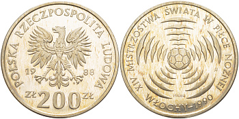 Польша 200 злотых 1988 MW, XIV чемпионат мира по футболу в Италии 1990 года, мяч, PROBA, тираж 10000 экземпляров, не магнитная KM Pr 576, Parchimowicz P.453a медно-никель UNC 1078-1-61