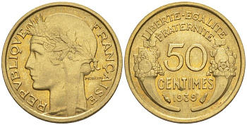 ФРАНЦИЯ 50 САНТИМОВ 1939 ТИП MORLON KM 894.1, LE FRANC 192.15 алюминиевая бронза 44-914