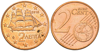 Греция 2 евроцента 2015 KM 182 сталь плакированная медью aUNC 4539-737