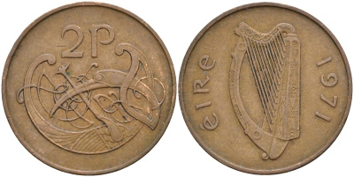 Ирландия 2 пенса 1971 виньетка в виде стилизованной птицы из второй библии Карла II лысого KM 21 бронза 4150-937