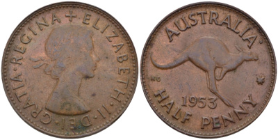 АВСТРАЛИЯ 1/2 ПЕННИ 1953 ЕЛИЗАВЕТА II, КЕНГУРУ KM 49 бронза 67-1234