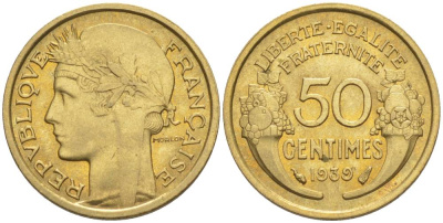 ФРАНЦИЯ 50 САНТИМОВ 1939 ТИП MORLON KM 894.1, LE FRANC 192.15 алюминиевая бронза 44-914