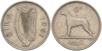 Ирландия 6 пенсов 1961 ирландский волкодав KM 13a медно-никель 4146-451