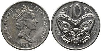 Новая Зеландия 10 центов 1989 Елизавета II (1952-2022), маска маори KM 61 медно-никель 4579-955