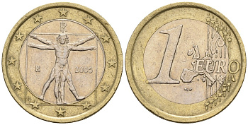 Италия 1 евро 2005 Витрувианский человек KM 216 биметалл 4148-644