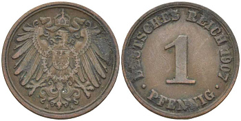 ГЕРМАНИЯ 1 ПФЕННИНГ 1907 А KM 10, J. 10 медь 201-924