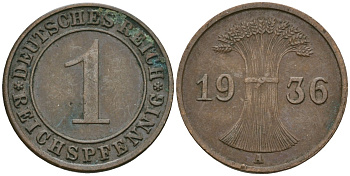 Германия 1 рейхспфенниг 1936 A KM 37, J. 313 бронза 4528-838
