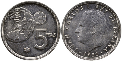 Испания 5 песет 1982 (80), Хуан Карлос, чемпионат мира по футболу Испания 82 KM 817 медно-никель 4384-1224