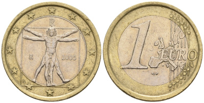 Италия 1 евро 2005 Витрувианский человек KM 216 биметалл 4148-644