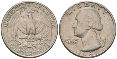 США 25 центов (квотер) 1981 P, Джордж Вашингтон KM 164a медь плакированная медно-никелем 4595-111
