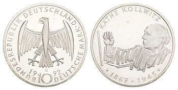 Германия 10 марок 1992 G, 125 лет со дня рождения Кете Кольвиц KM 178 серебро UNC 4634-1021