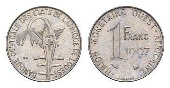 Западная Африка (BCEAO) 1 франк 1997 Центральный банк государств Западной Африки, редкий год KM 8 нержавеющая слава UNC 4643-736