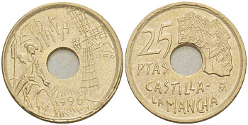 ИСПАНИЯ 25 ПЕСЕТ 1996 КАСТИЛЬЯ - ЛА МАНЧА - ДОН КИХОТ, ХУАН КАРЛОС I (1975-) KM 962 медь цинк никель 210-911