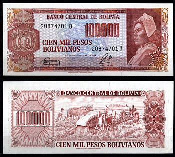 Боливия 100000 песо 1984 Pick 171 a (2) бумага UNC (пресс) 6280-55-3-1