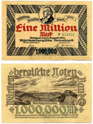 Штутгарт 1000000 марок (1 миллион) 1923 1 августа 1923, нотгельд, Wurtembergische Notenbanc, серия А015031, земля Баден-Вюртемберг Keller 4930d  бумага   2194-2-1-1