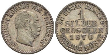 ПРУССИЯ 1 ГРОШ 1870 А, ВИЛЬГЕЛЬМ I (1861-1888) KM 485 серебро 201-647