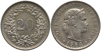 Швейцария 20 раппенов 1964 B KM 29а медно-никель 4548-657