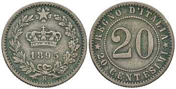 Италия 20 чентезимо 1895 R, Умберто I (1878-1900) KM 28 медно-никель 4615-624
