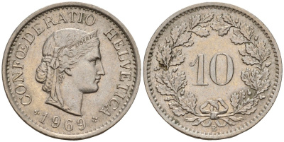 Швейцария 10 раппенов 1969 B KM 27 медно-никель 4189-416