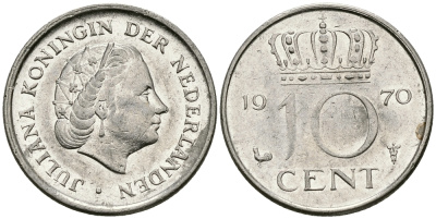 Нидерланды 10 центов 1970 Юлиана (1948-1980) KM 182 никель 96-411