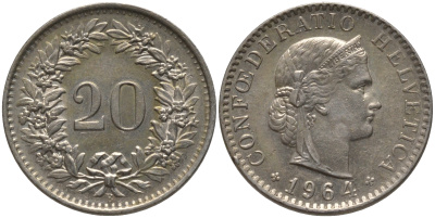 Швейцария 20 раппенов 1964 B KM 29а медно-никель 4548-657