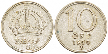Швеция 10 эре 1950 TS, Густав V (1907-1950) KM 813 серебро 112-1135