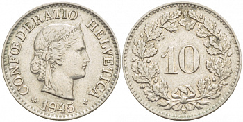 ШВЕЙЦАРИЯ 10 РАППЕНОВ 1945 В KM 27 медно-никель 216-1236