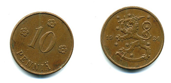 Финляндия 10 пенни 1924 республика (1918-1962) KM 24 медь 46-1312
