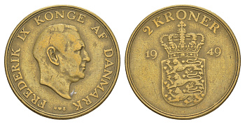 Дания 2 кроны 1949 N, Фредерик IX (1947-1972) KM 838 алюминиевая бронза 4634-531