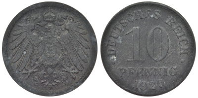 Германия 10 пфеннигов 1920 KM 26, J. 299, Weege 8 цинк 4119-327
